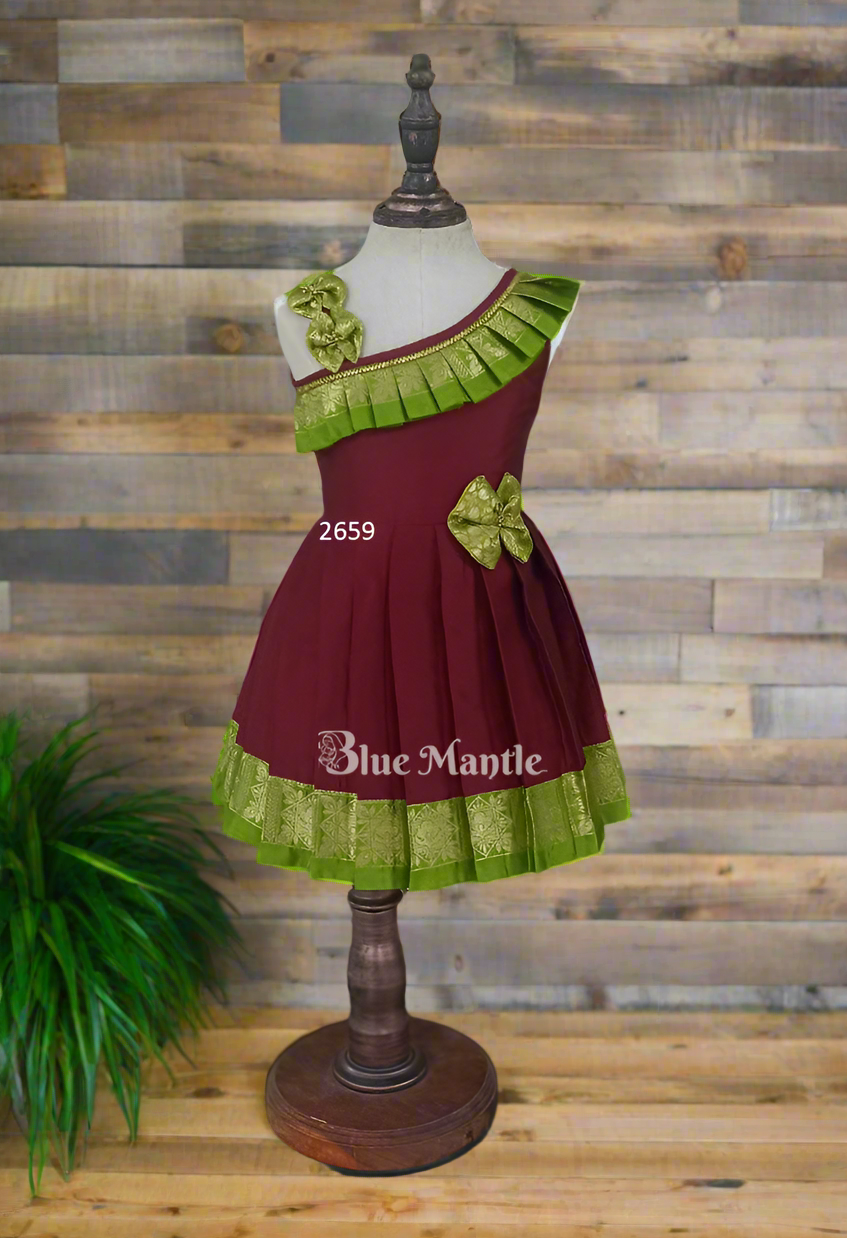 2659 Ready to Dispatch: Maroon with Olive Green Frock.
