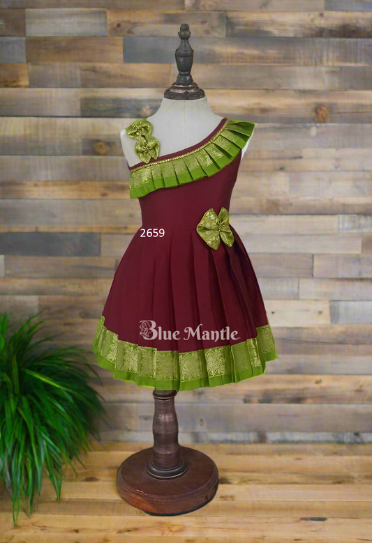2659 Ready to Dispatch: Maroon with Olive Green Frock.