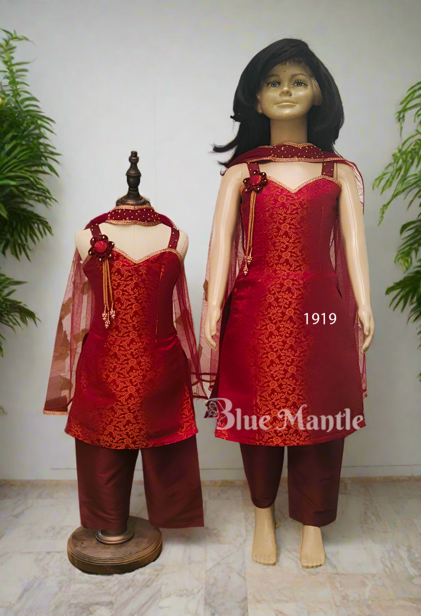 1919 Ready to Dispatch : Kids Designer Churidar Maroon with Bronce