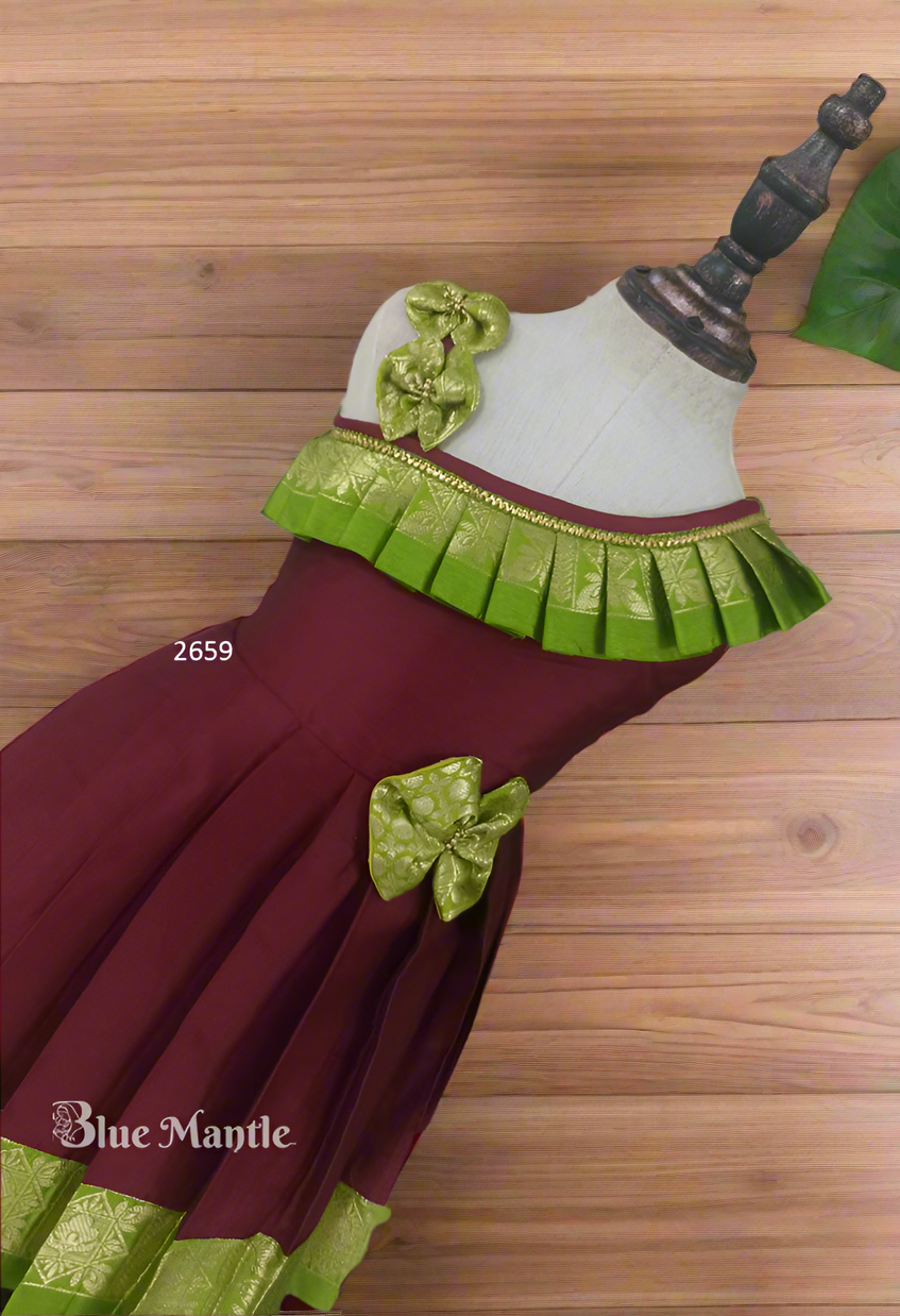 2659 Ready to Dispatch: Maroon with Olive Green Frock.