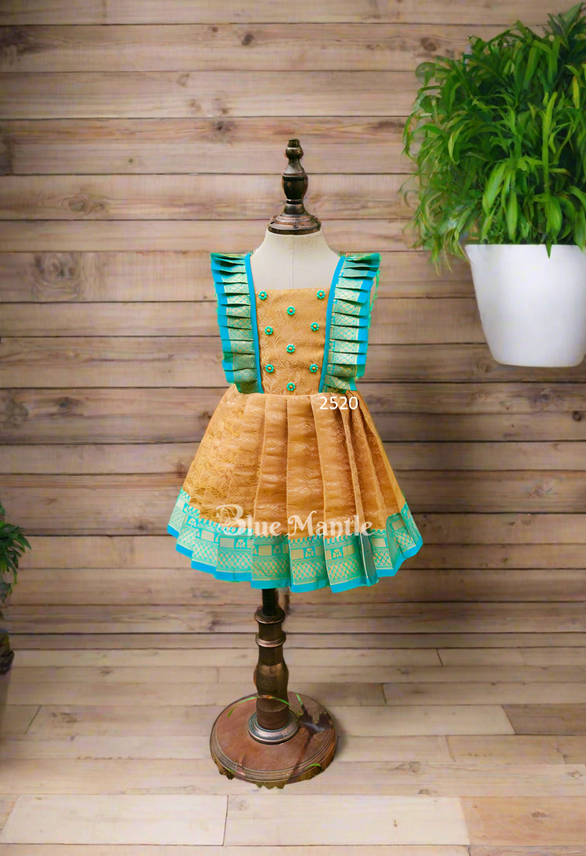 2520 Ready to Dispatch: Golden beige with Aqua Blue Frock