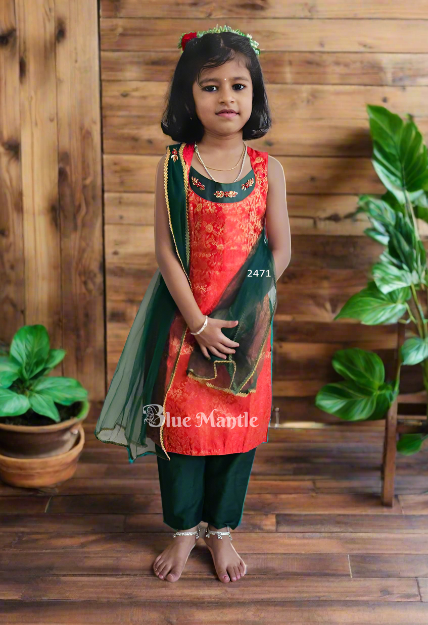 2471 Ready to Dispatch : Kids Designer Churidar RedGreen