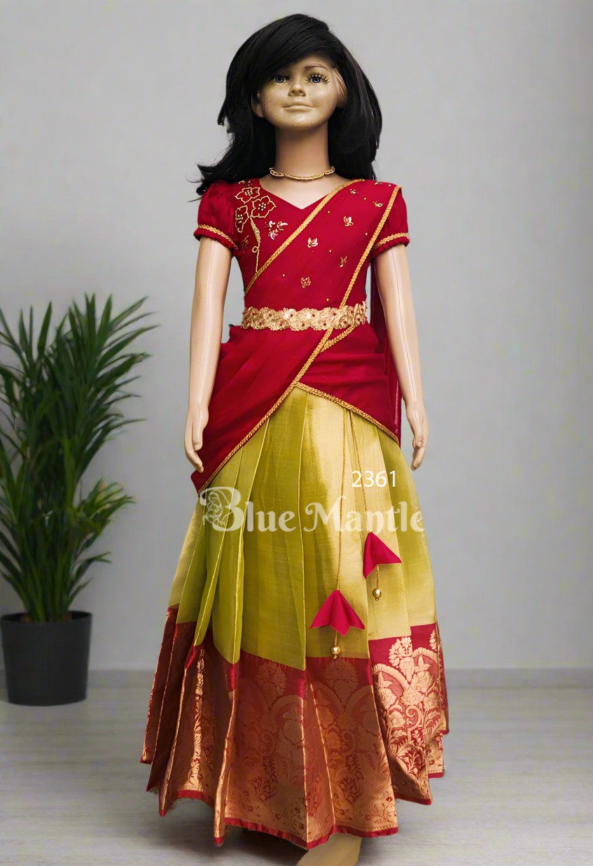 2361"CHENTHAMRA"Ready To Dispatch: Red with Olive green Skirt & Blouse with Dupatta