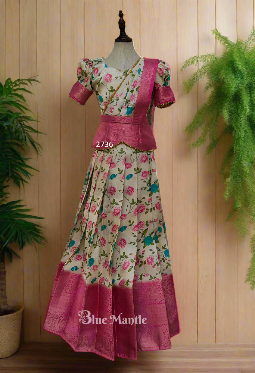 2736 Pre Order:"ANASUYA" Printed Off-white with peach Dhavani. - Dispatch on april 20