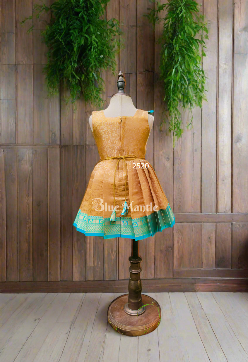 2520 Ready to Dispatch: Golden beige with Aqua Blue Frock