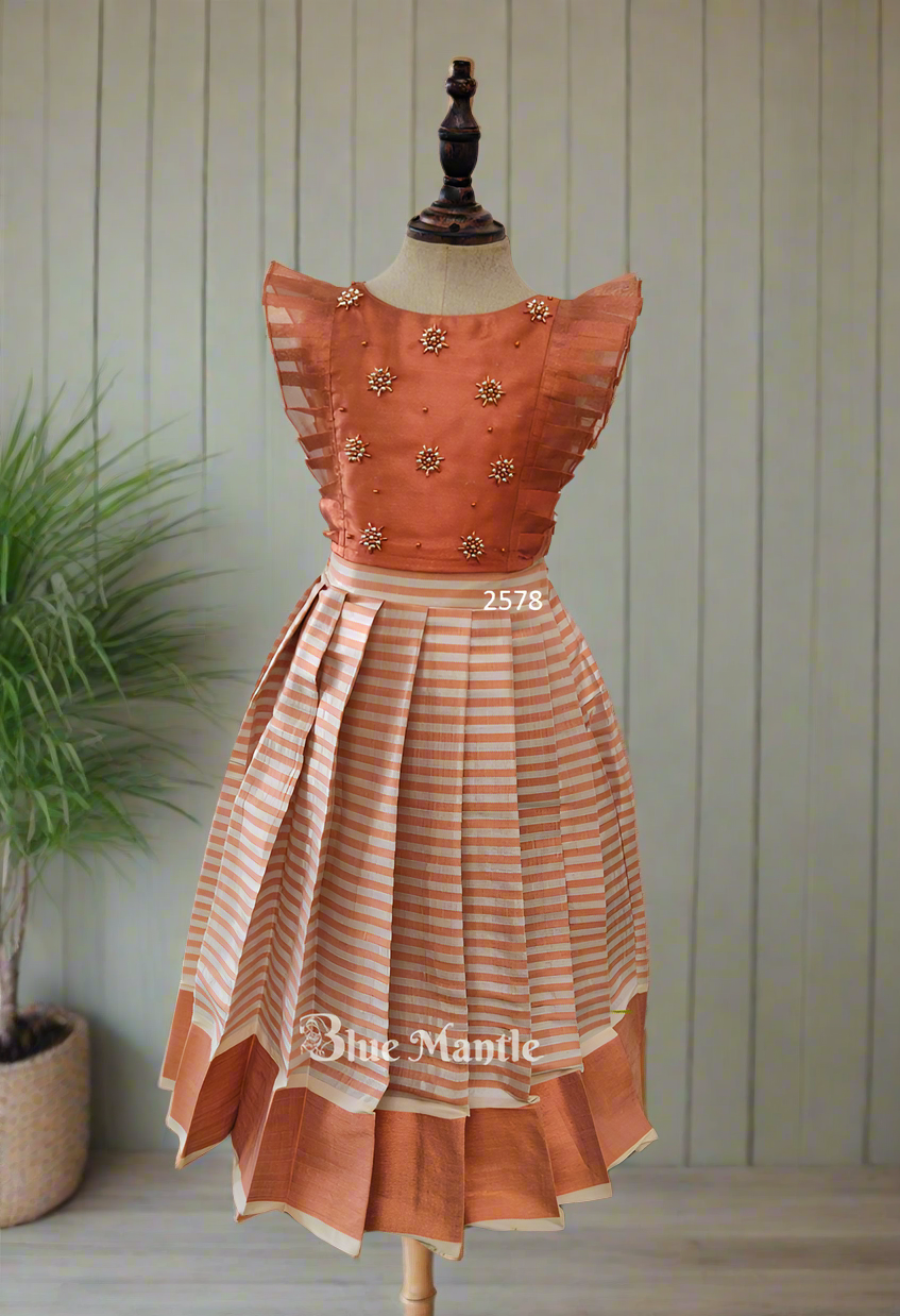 2578 Ready to dispatch : Copper Stripe Full Skirt and Crop Blouse