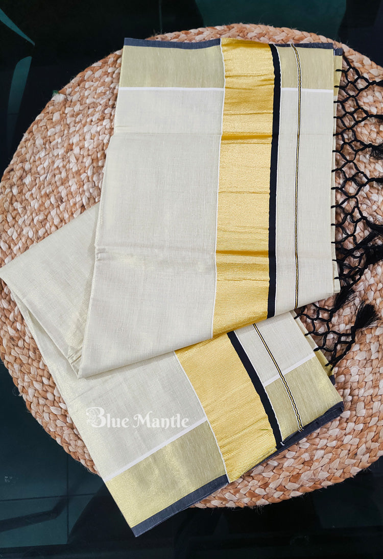 Set Saree Golden tissue with Black Border.*