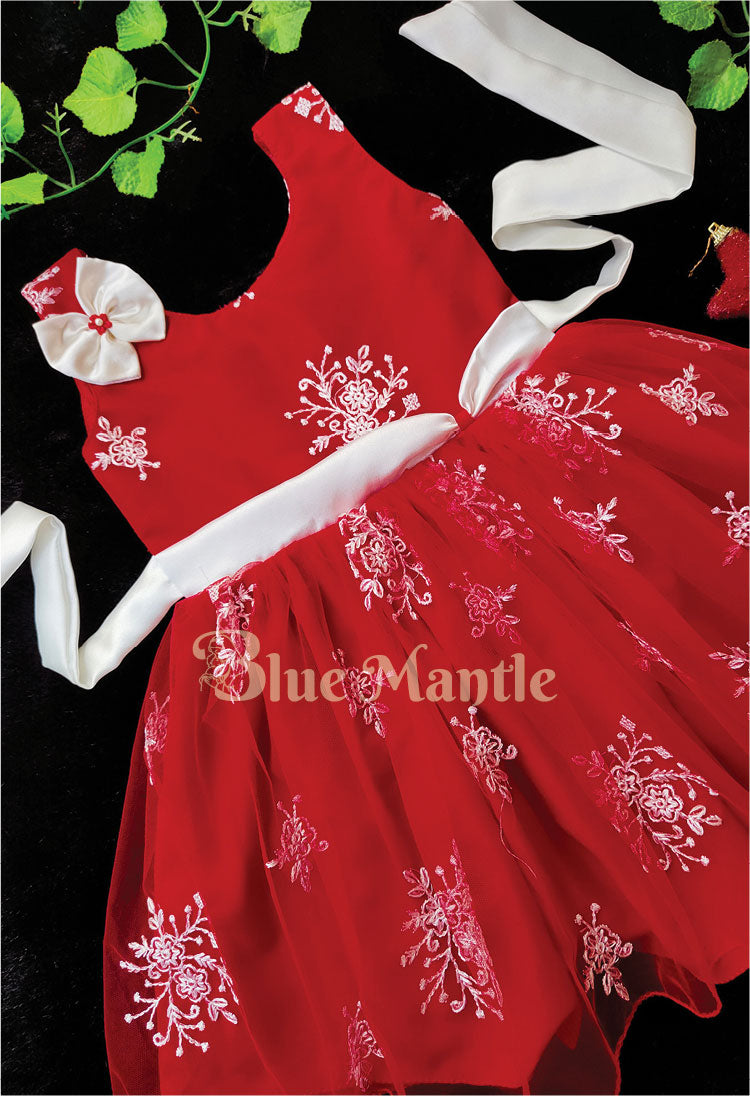 SDBM1086 Ready to Dispatch: Red and Off White Christmas Cute Frock