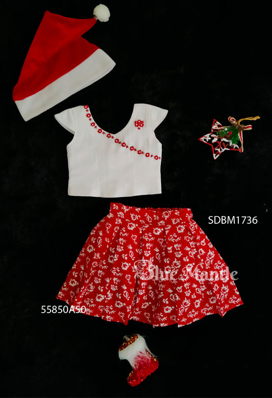 SDBM1736 Ready to Dispatch: Red Printed Skirt & Off-White Semi Crop top