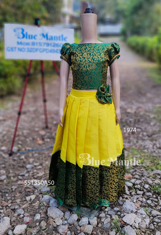 1974 Ready to Dispatch: Lemon Yellow & Green Brocade Ethnic Skirt & Crop Top