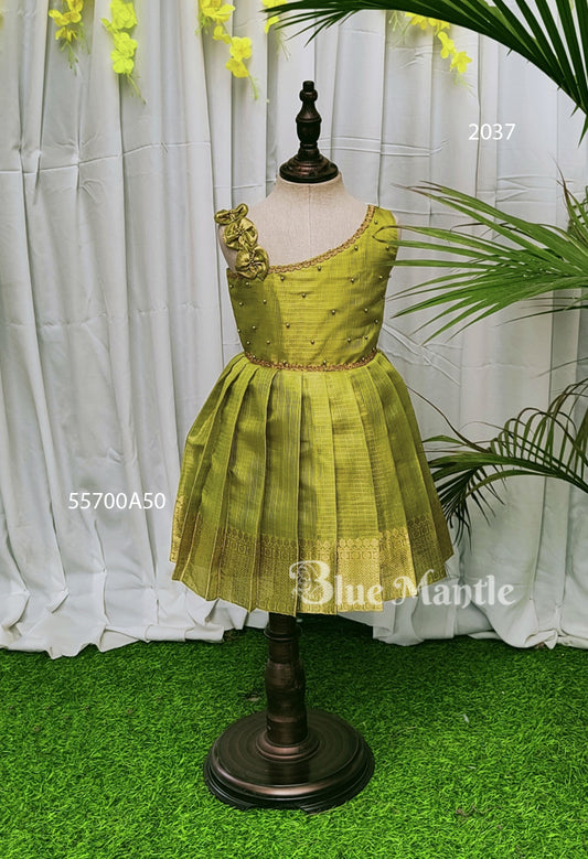 2037 Pista green Gold Baby Frock - Ready to Dispatch
