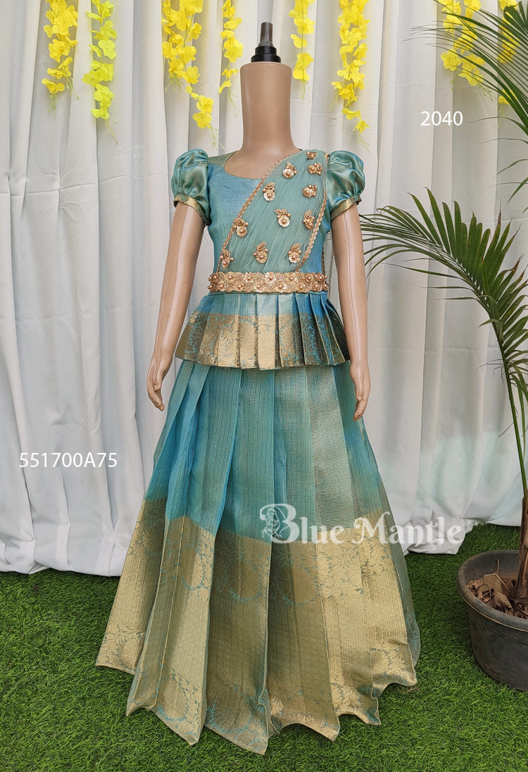 2040 Ready to Dispatch: Aqua Gold Skirt & Blouse with Dupatta