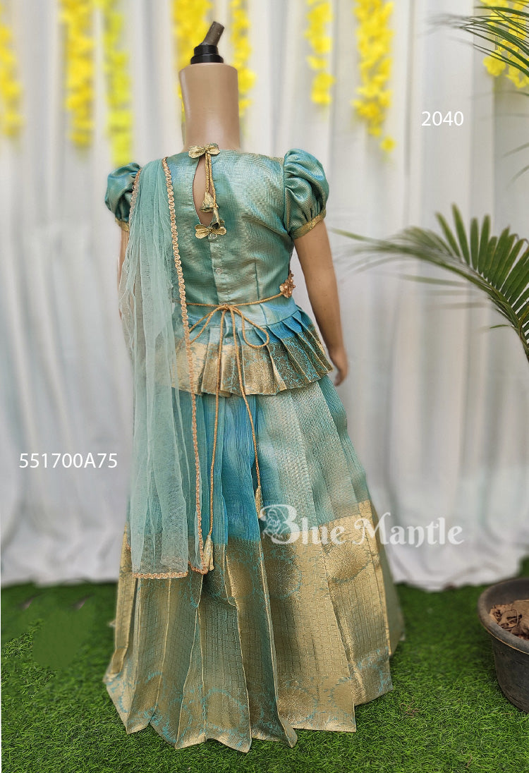 2040 Ready to Dispatch: Aqua Gold Skirt & Blouse with Dupatta