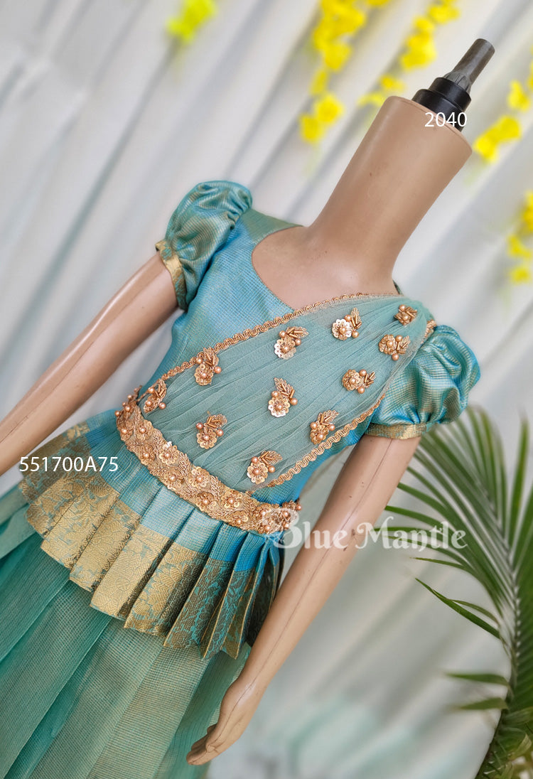 2040 Ready to Dispatch: Aqua Gold Skirt & Blouse with Dupatta