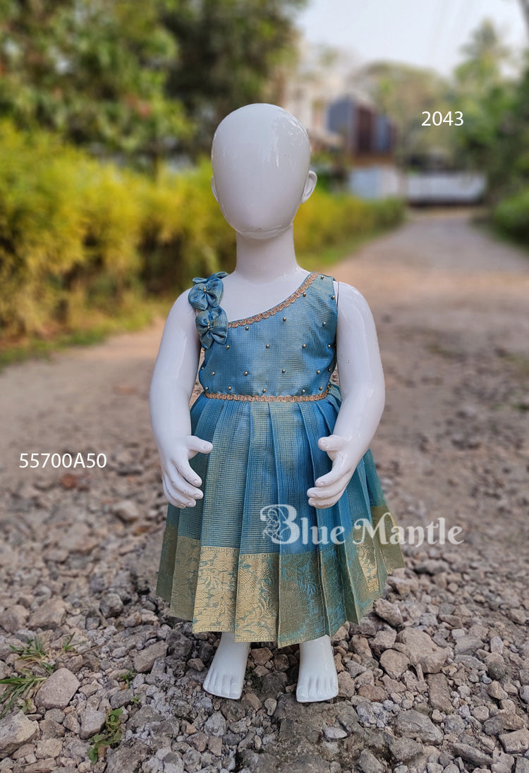 2043: Aqua Gold Baby Frock- Ready to Dispatch