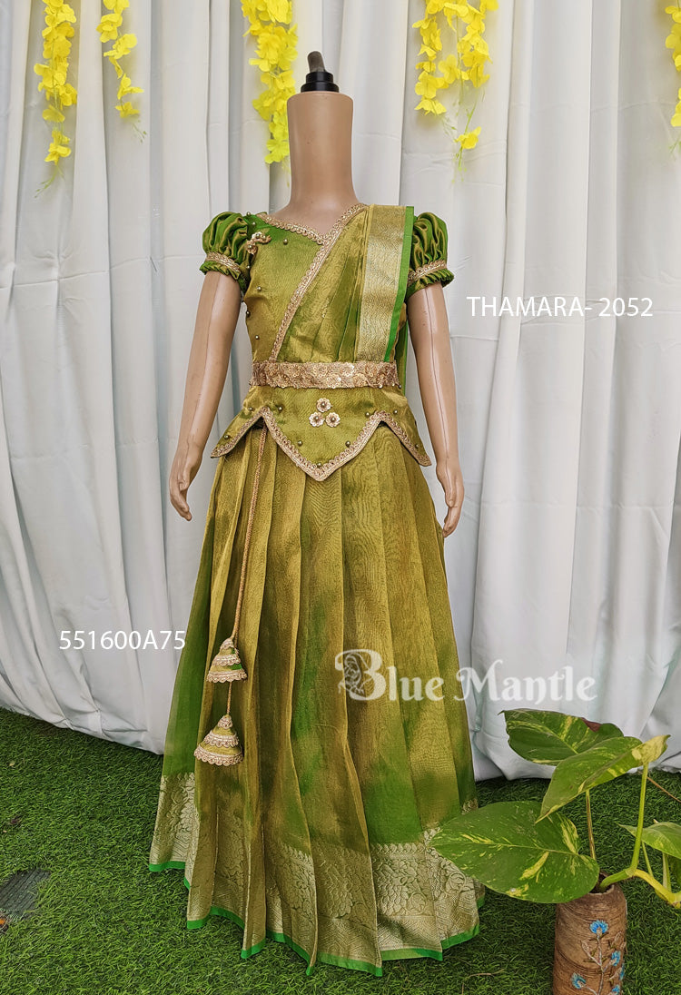 2052 "THAMARA" Ready to Dispatch: Golden green Skirt & Blouse with Dupatta