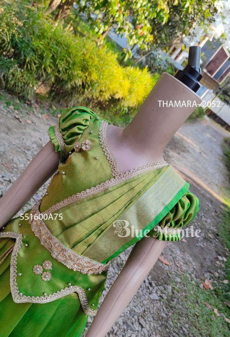2052 "THAMARA" Pre order: Golden green Skirt & Blouse with Dupatta