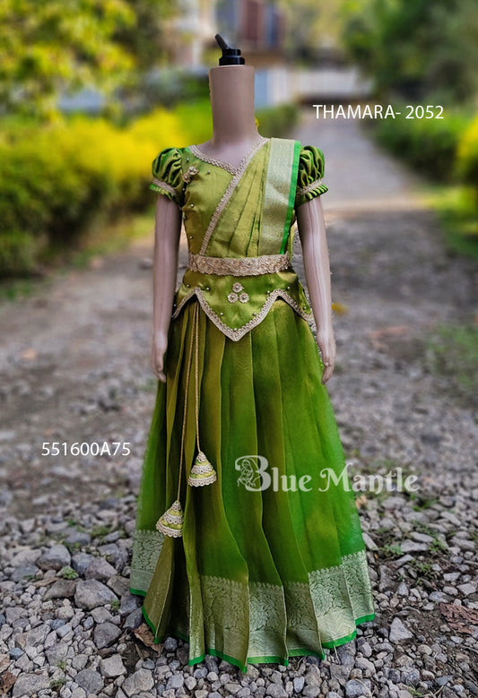 2052 "THAMARA" Ready to Dispatch: Golden green Skirt & Blouse with Dupatta