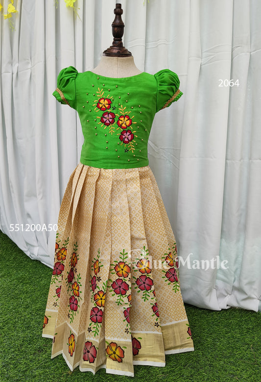 2064 Pre Order: Green crop top & Mural printed Full skirt
