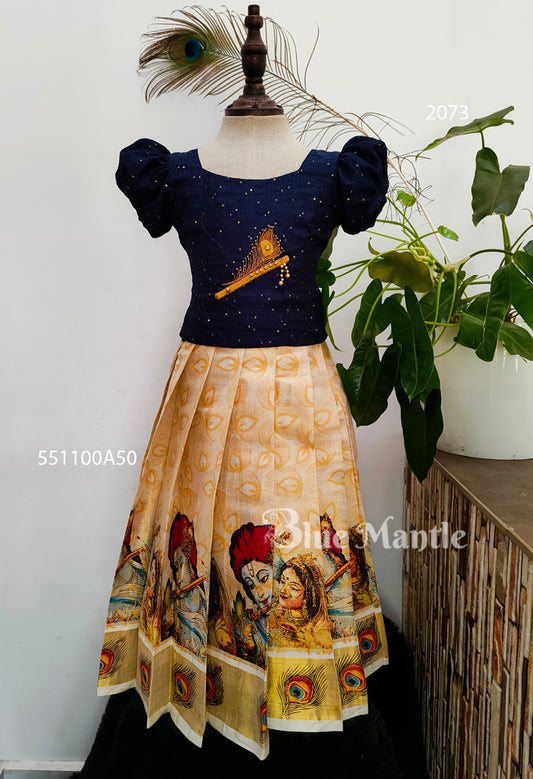 2073 Ready to Dispatch:  Blue gold Mural Full Skirt & Crop Blouse