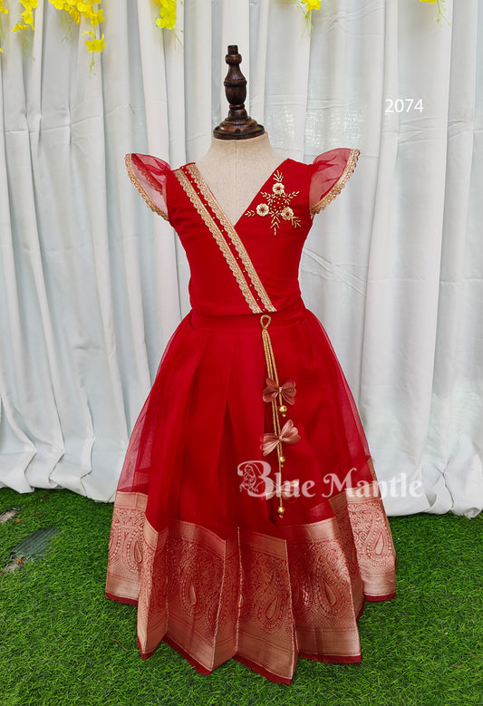 2074 Ready to Dispatch: Red gold full skirt& Blouse