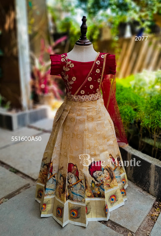 2077 Ready to Dispatch: Maroon gold mural full skirt& Blouse with Dupatta