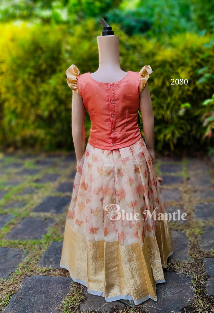 2080 Ready to dispatch: Peach and off white organza Gown with Jacket