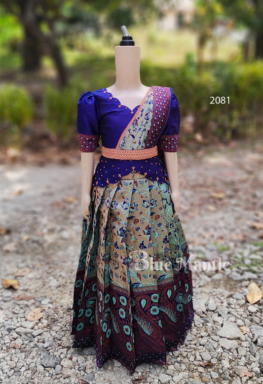 2081 Ready to Dispatch: Navy blue and pastel green Skirt & Blouse with Dupatta