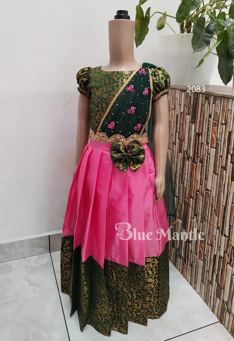 2083 Ready to Dispatch: Green and pink Skirt & Blouse with Dupatta