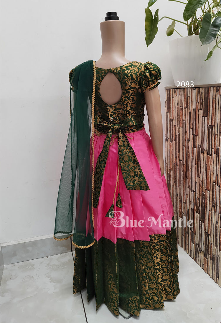 2083 Ready to Dispatch: Green and pink Skirt & Blouse with Dupatta