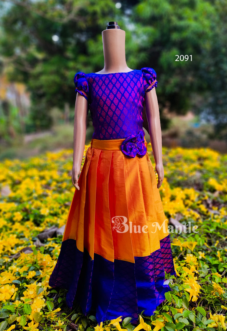 2091 Ready to Dispatch: Mango Yellow &Royal Blue Brocade Full Skirt & Crop Top