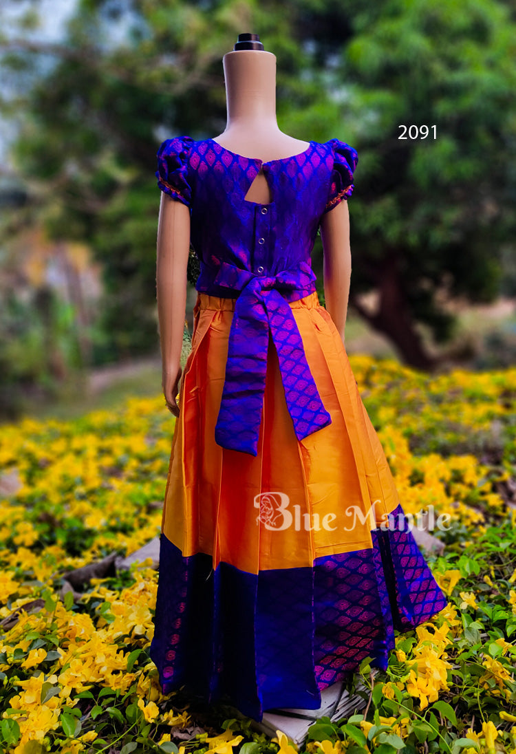 2091 Ready to Dispatch: Mango Yellow &Royal Blue Brocade Full Skirt & Crop Top