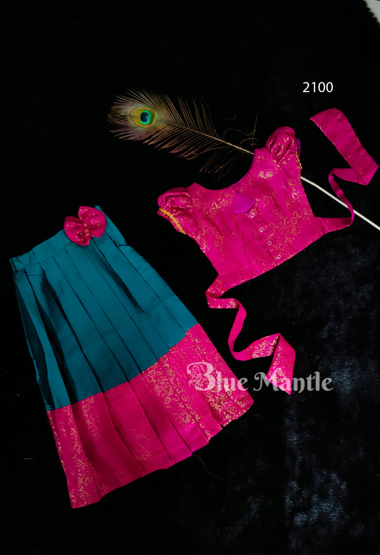 2100 Ready to Dispatch: Majenta &Peacock Blue Brocade Full Skirt & Crop Top