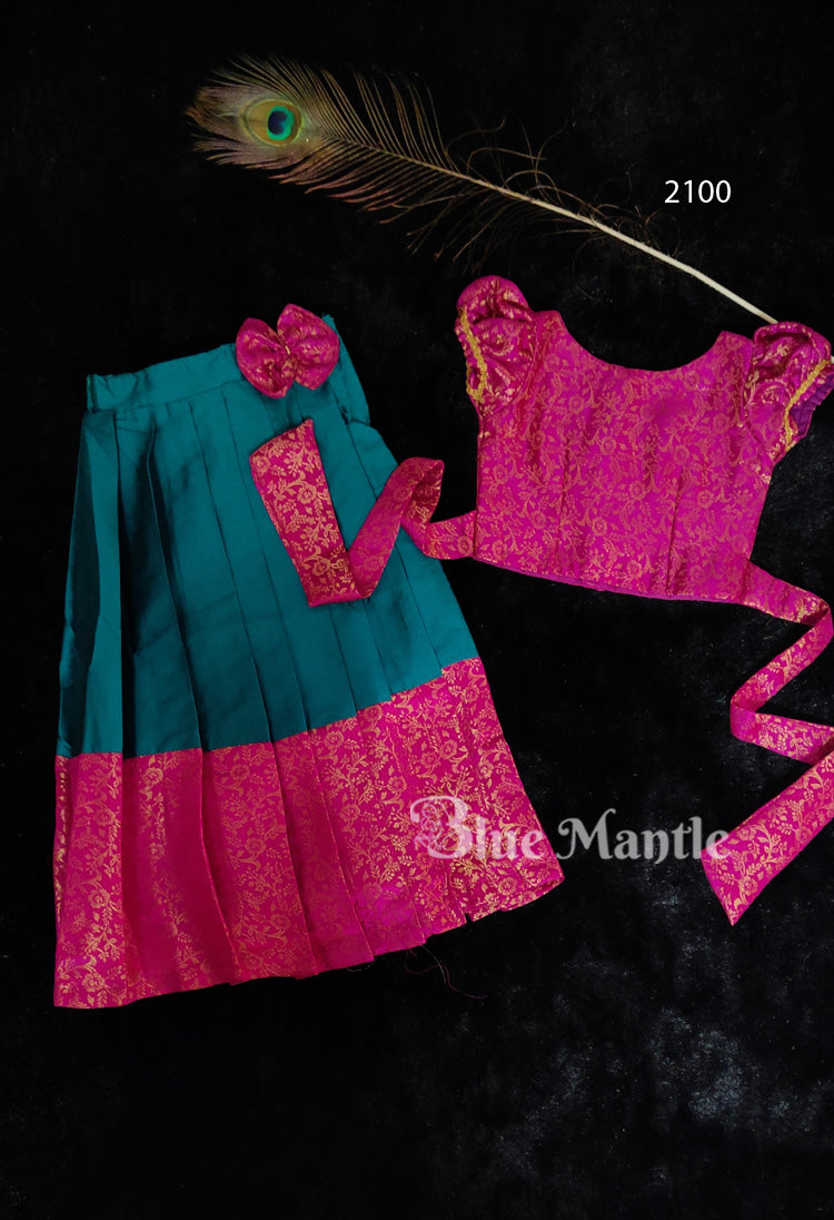 2100 Ready to Dispatch: Majenta &Peacock Blue Brocade Full Skirt & Crop Top