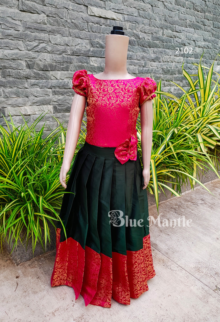 2102 Ready to Dispatch: Peach &Bottle green Brocade Full Skirt & Crop Top