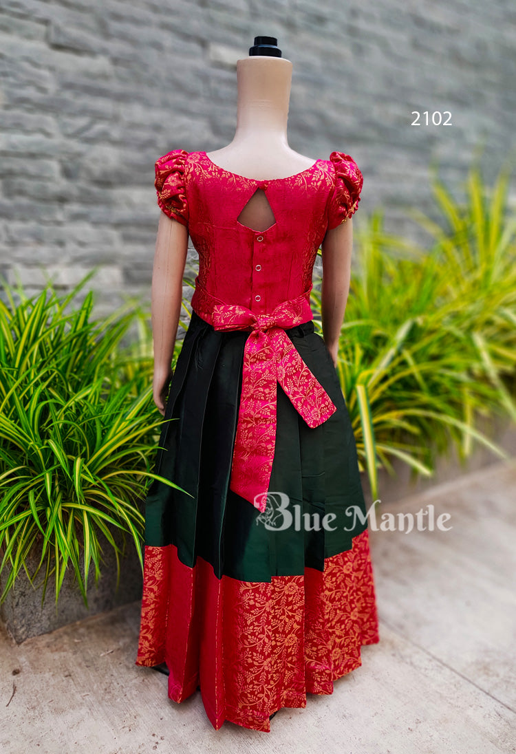 2102 Ready to Dispatch: Peach &Bottle green Brocade Full Skirt & Crop Top