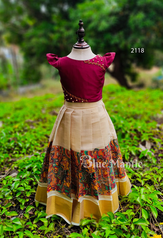 2118 Ready to Dispatch: Marron Blouse & Mural printed Full skirt