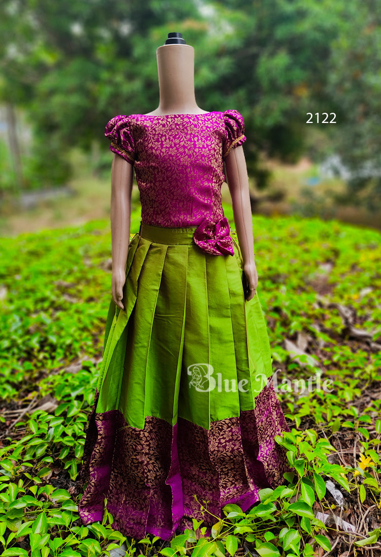 2122 Ready to Dispatch:  Parrot green& Grape Brocade Full Skirt & Crop Top