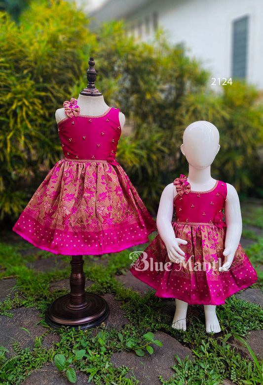 2124 Ready to dispatch: Pink and bronze Baby Frock