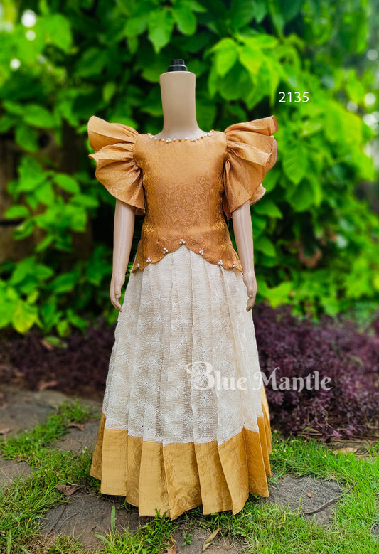 2135 Ready to dispatch: golden and off-white Gown with Jacket