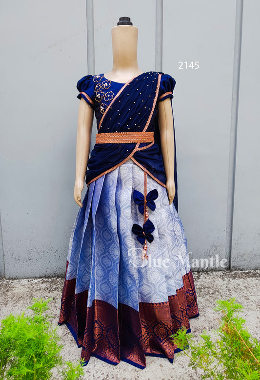 2145"VAISHALI" Pre order: Ashblue with navy blue Skirt & Blouse with Dupatta-may 30