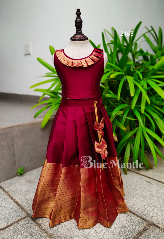 2165 Ready to Dispatch: Maroon and gold full skirt & crop Top
