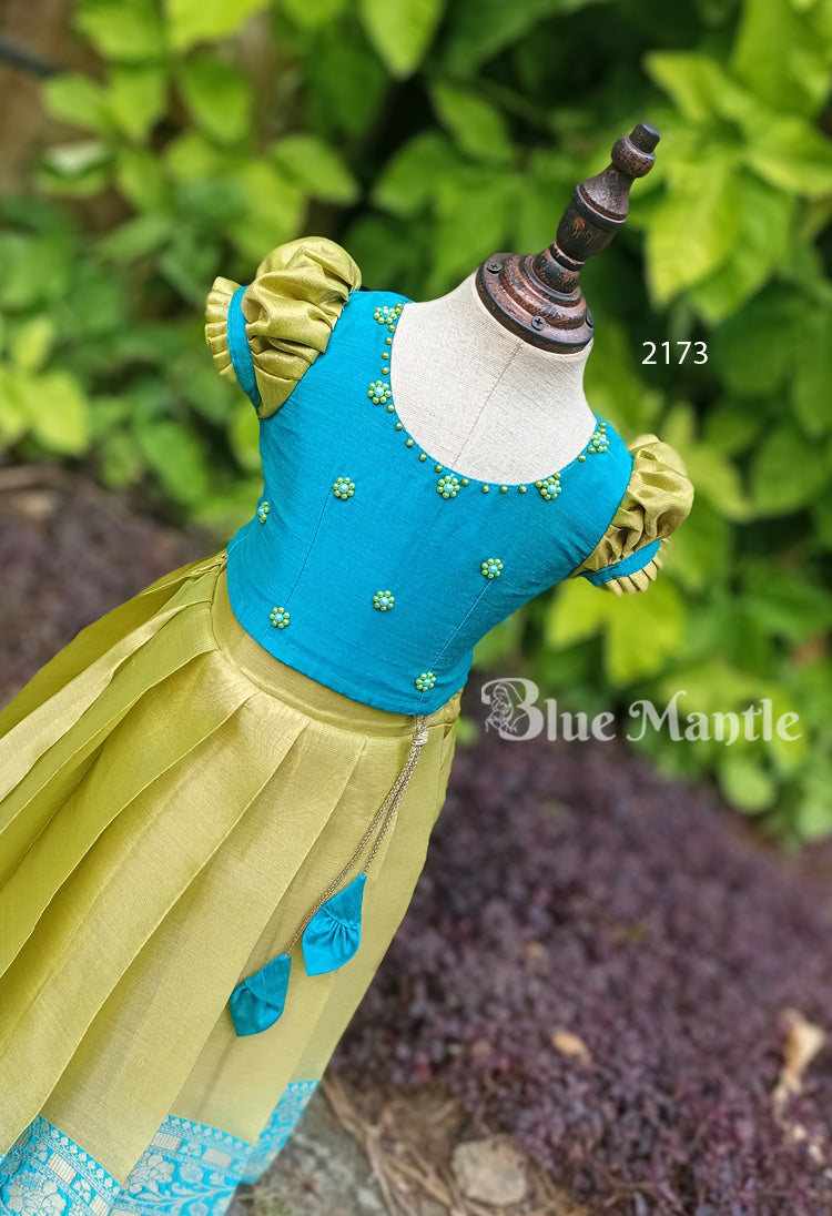 2173 Ready to Dispatch : Olive green yellow and peacock blue full skirt & Blouse