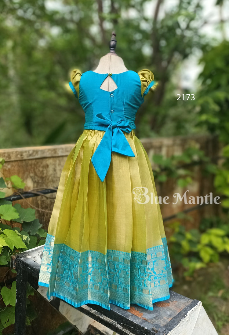 2173 Ready to Dispatch : Olive green yellow and peacock blue full skirt & Blouse