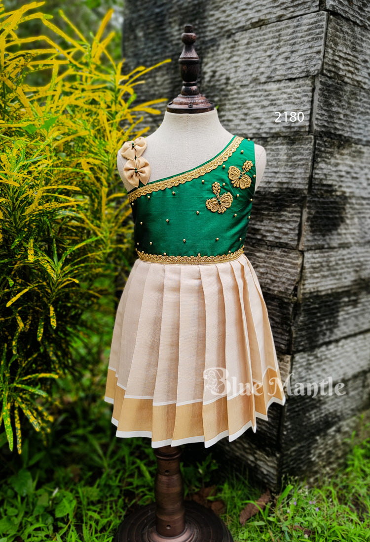 2180 Ready to Dispatch: Green& off-white gold Baby Frock