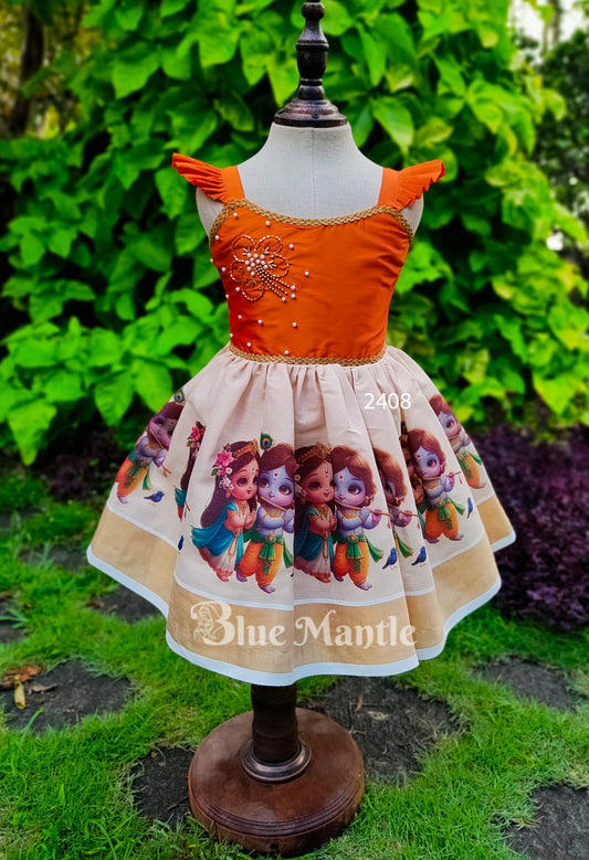 2408 Ready to Dispatch: Orange mural Baby Frock