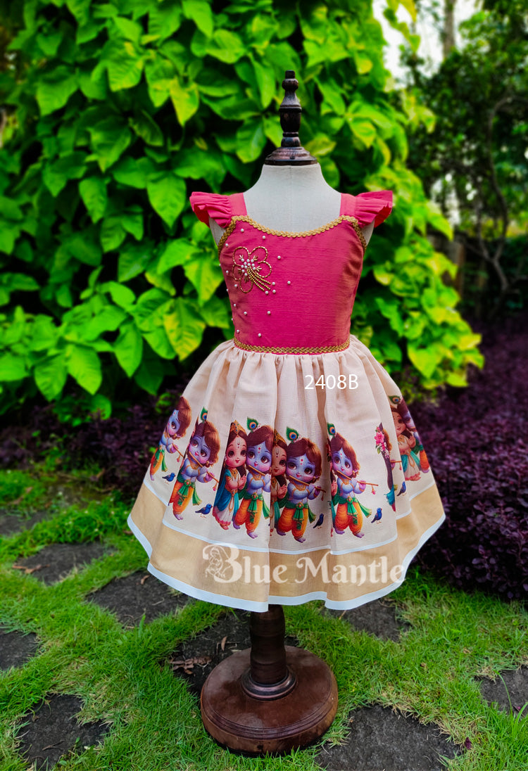 2408B Ready to Dispatch: Peach mural Baby Frock