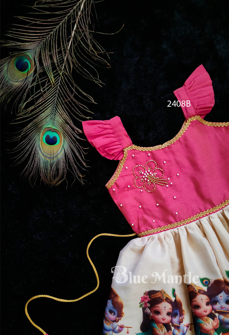 2408B Ready to Dispatch: Peach mural Baby Frock