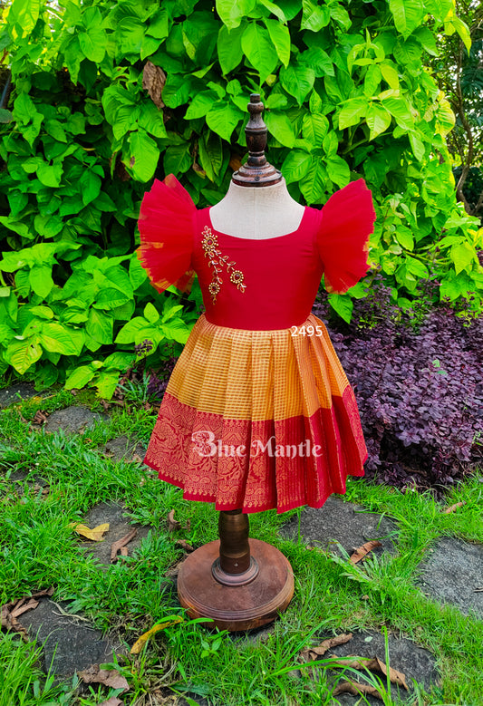 2495 Ready To Dispatch:  Mangoyellow&Red Frock