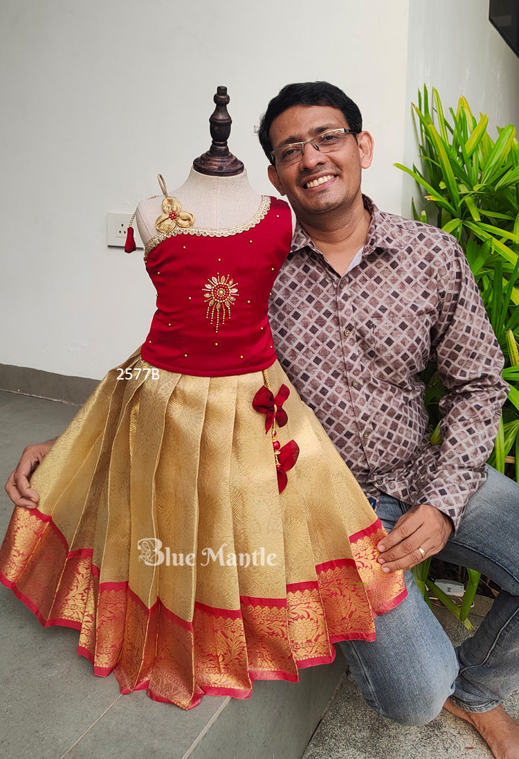 2577B Pre Order : "URVASHI" Reddish Maroon & gold Dhavani Full Skirt and Semi Crop Blouse- Dispatch on April 8